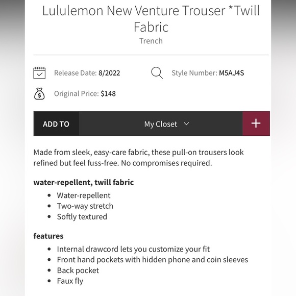 Lululemon Men's New Venture Trouser NWOT Size XXL in Trench - Picture 16 of 16